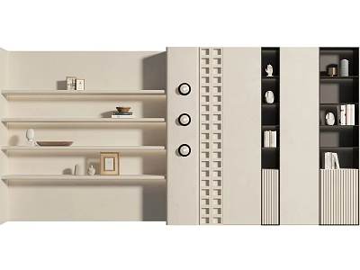 Modern Background Wall With Layered Shelves Decorative Items Photo Frames Grid Design And Circular Cutouts 3d model