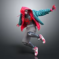 Game Movie Character In Red Hoodie Green Jacket Gray Shorts Dancing Pose With Red White Shoes