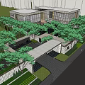 Modern Sales Center Building with White Facade Entrance Portico and Landscaping in Urban Setting