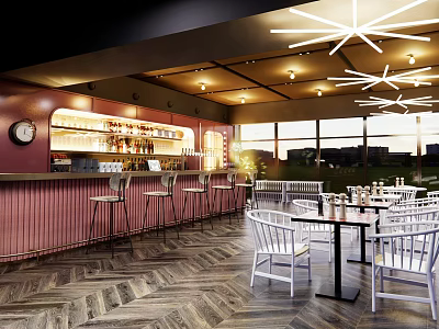 Modern Bar Interior Design With Stylish Counter Stools And Bright Ceiling Lighting Windows 3d model
