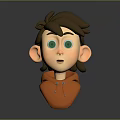 3D Character Creature Head With Brown Hair Big Eyes Orange Hoodie And Gray Background