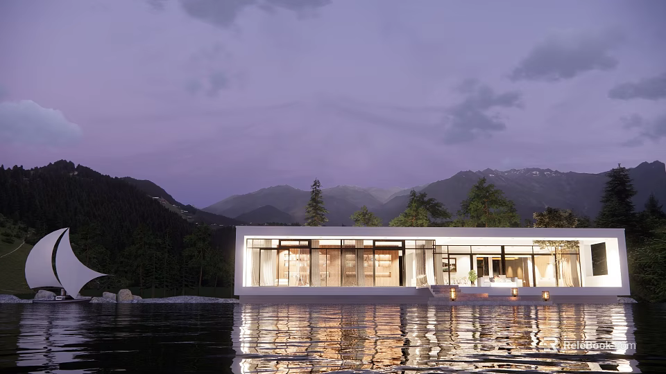 Modern Detached Villa With Mountain View Lakefront Large Glass Windows And Water Reflection 3d model 
