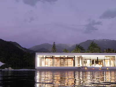 Modern Detached Villa With Mountain View Lakefront Large Glass Windows And Water Reflection 3d model