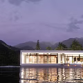Modern Detached Villa With Mountain View Lakefront Large Glass Windows And Water Reflection