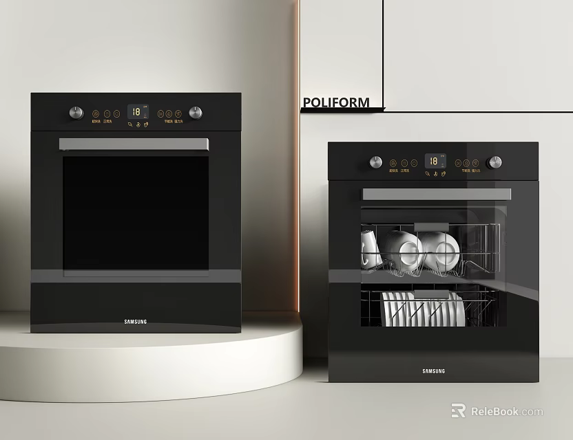 Samsung Kitchen Appliances Oven and Dishwasher on White Countertop with Light Cabinets 3d model 