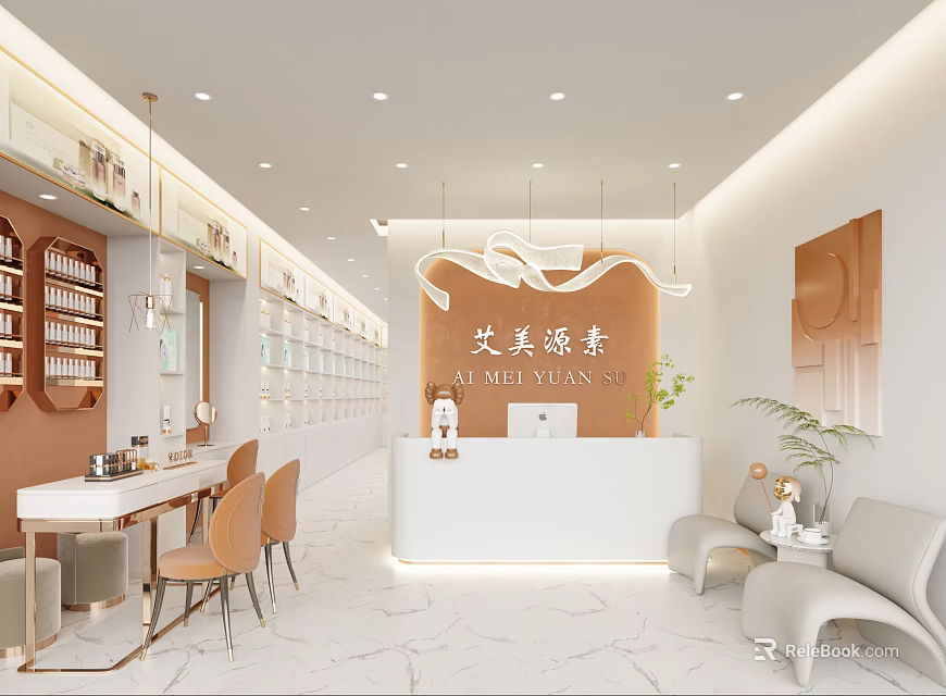 Modern Elegant Beauty and Hair Salon Interior With Front Desk Comfortable Seating And Decorative Plants 3d model 