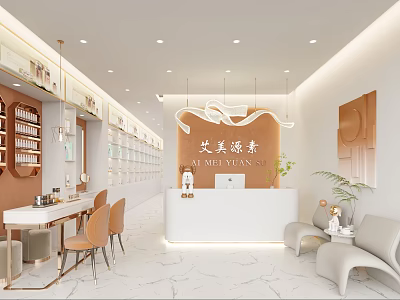 Modern Elegant Beauty and Hair Salon Interior With Front Desk Comfortable Seating And Decorative Plants 3d model