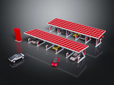 Solar Panel Covered Carport With Multiple Parking Spaces And Electric Vehicles 3d model