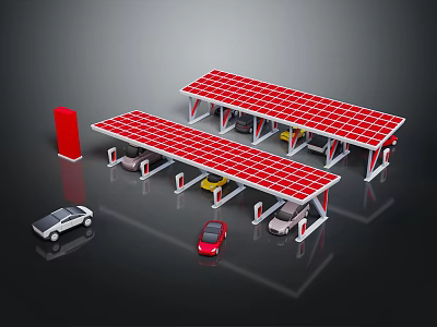 Solar Panel Covered Carport With Multiple Parking Spaces And Electric Vehicles 3d model Solar Panel Covered Carport With Multiple Parking Spaces And Electric Vehicles 3d model