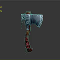 3D Model Battle Axe With Metal Blade Blue Silver Design And Wooden Handle Red Straps