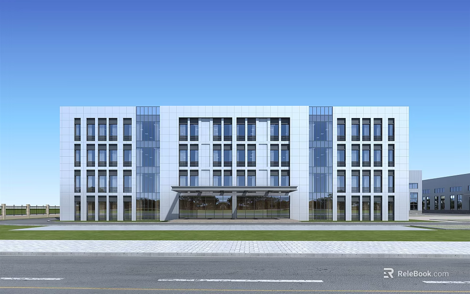 Modern Office Building Exterior With Glass Curtain Walls Large Windows And Front Lawn 3d model 