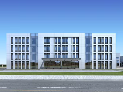 Modern Office Building Exterior With Glass Curtain Walls Large Windows And Front Lawn 3d model