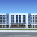 Modern Office Building Exterior With Glass Curtain Walls Large Windows And Front Lawn