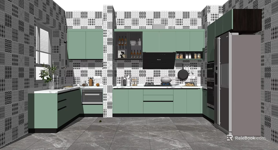 Modern Kitchen Interior With Green Cabinets Black And White Geometric Tiles And Appliances 3d model 
