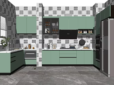 Modern Kitchen Interior With Green Cabinets Black And White Geometric Tiles And Appliances 3d model