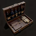 Open Wooden Case With Labeled Bottles Leather Bound Book And Scrolls 3d model