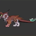 Colorful Mythical Creature Character Featuring Vibrant Red Orange Feathers Green Eyes Horned Head Turquoise Tail