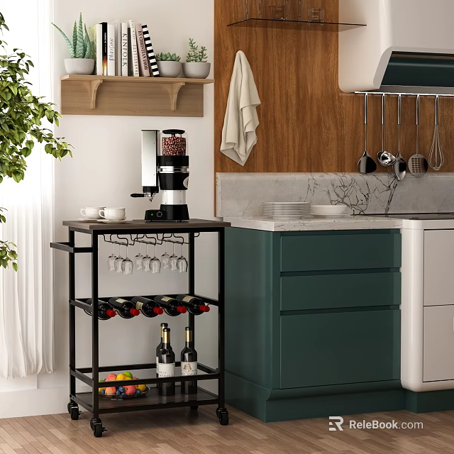 Black Multi Tiered Kitchen Shelf For Wine Glasses Wine Bottles With Cabinets And Marble Countertop 3d model 