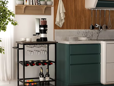 Black Multi Tiered Kitchen Shelf For Wine Glasses Wine Bottles With Cabinets And Marble Countertop 3d model