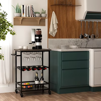 Black Multi Tiered Kitchen Shelf For Wine Glasses Wine Bottles With Cabinets And Marble Countertop 3d model