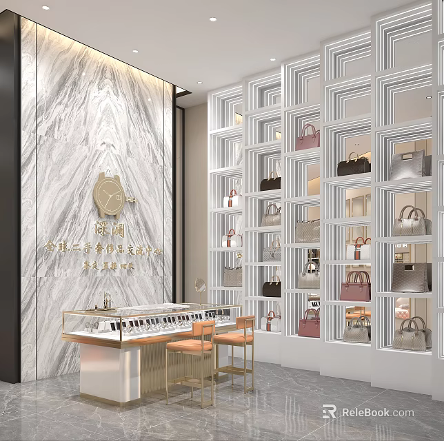 Luxury Handbag Boutique Featuring Marble Wall Display Shelves Golden Logo Counter and Chairs 3d model 