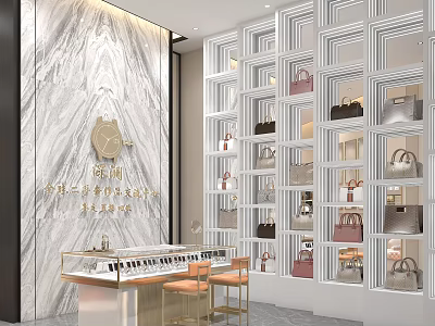 Luxury Handbag Boutique Featuring Marble Wall Display Shelves Golden Logo Counter and Chairs 3d model