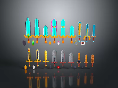 Different Types Of Colorful Fantasy Weapons With Various Designs And Accessories 3d model