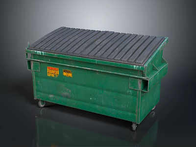 Green Industrial Dumpster With Black Ribbed Lid Yellow Warning Labels And Wheels 3d model