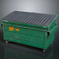 Green Industrial Dumpster With Black Ribbed Lid Yellow Warning Labels And Wheels