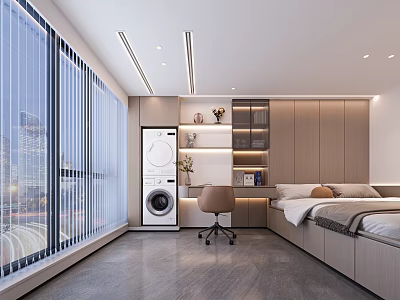 Modern Minimalist Tatami Bedroom Interior With Large Windows Blinds Washing Machine And Storage Cabinets 3d model