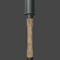 Military Explosive Weapon With Black Cylindrical Top Wooden Handle And German Pre Use Instructions