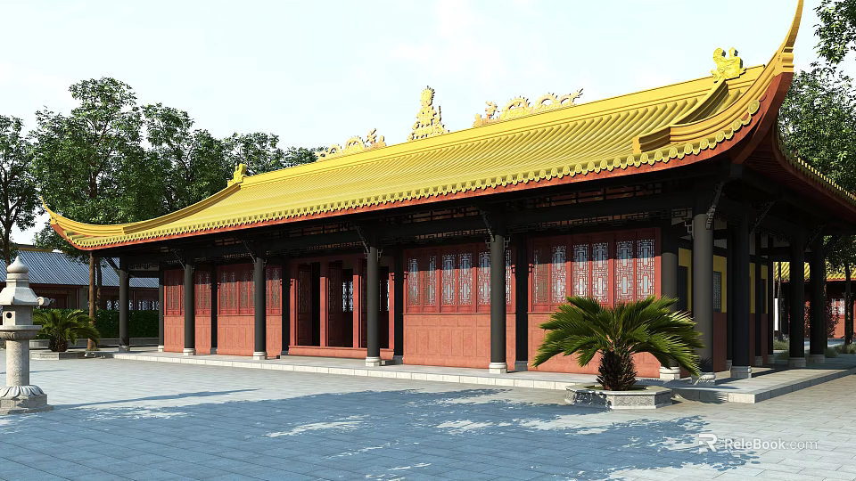 Traditional Chinese Ancient Architecture With Golden Roof Red Columns And Courtyard View 3d model 