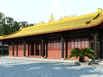 Traditional Chinese Ancient Architecture With Golden Roof Red Columns And Courtyard View 3d model