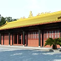 Traditional Chinese Ancient Architecture With Golden Roof Red Columns And Courtyard View