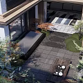 Tranquil Garden Landscape Featuring Courtyard Moss Wall Red Leaf Trees Stone Pavement And Trimmed Shrubs