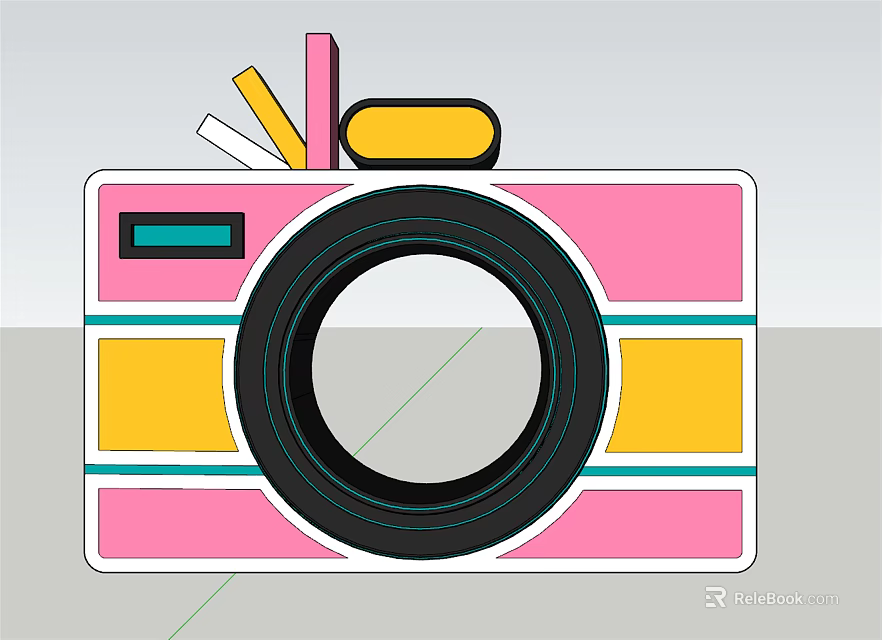 Cartoon Pink Camera With Colorful Yellow Blue Accents And Decorative Items 3d model 
