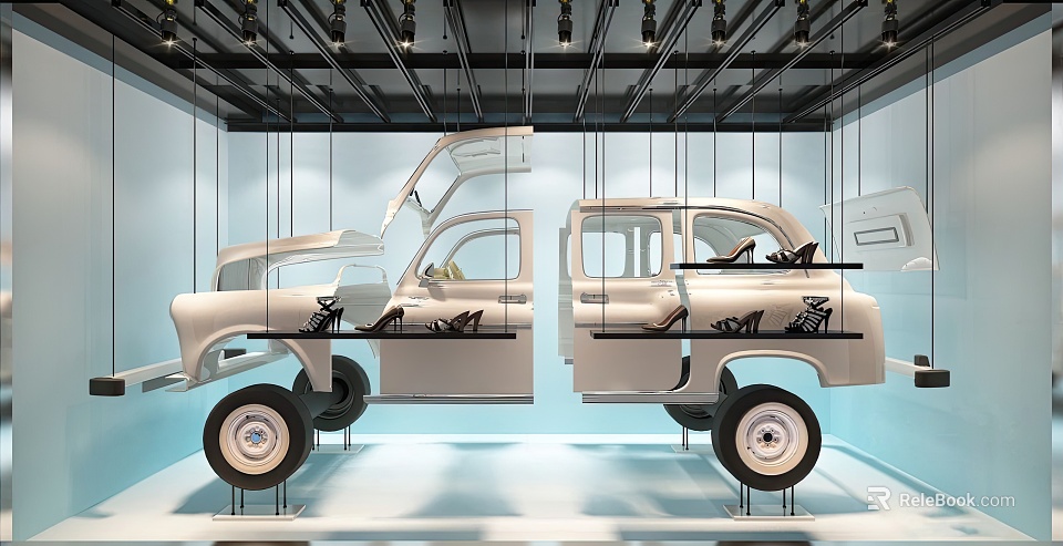 Modern Exhibition Hall Showcasing Split Vintage Car With Open Doors And Interior Details 3d model 