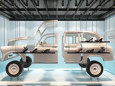 Modern Exhibition Hall Showcasing Split Vintage Car With Open Doors And Interior Details 3d model