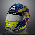 Vibrant Race Car Driver Helmet Featuring Red Bull Cash App Blue Yellow Purple Design