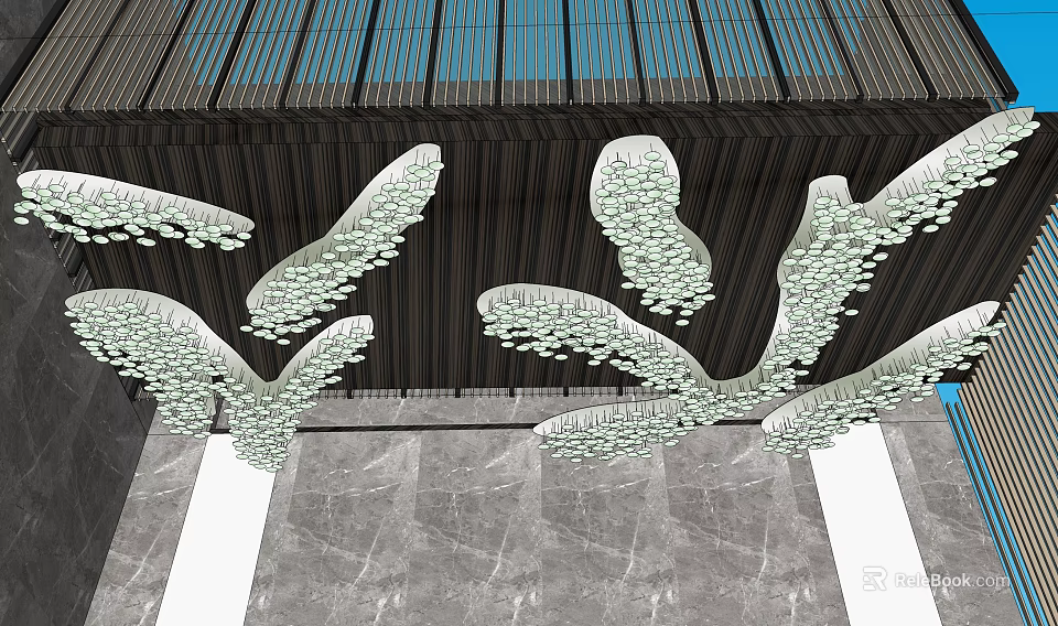 Modern Luxury Chandelier With Feather Like Design And Crystal Beads Hanging From Dark Slatted Ceiling 3d model 