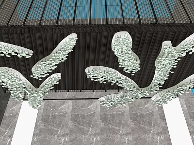 Modern Luxury Chandelier With Feather Like Design And Crystal Beads Hanging From Dark Slatted Ceiling 3d model