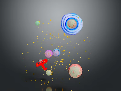 Modern Space Themed Scene Featuring Blue Planet Colorful Small Planets Red Toy Plane Yellow Stardust 3d model