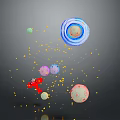 Modern Space Themed Scene Featuring Blue Planet Colorful Small Planets Red Toy Plane Yellow Stardust
