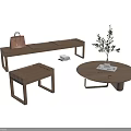Wooden Stool And Bench With Round Table Vase Plants Handbag And Books