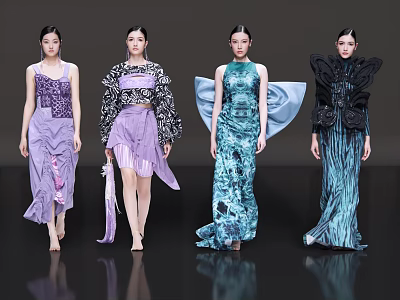 Four Women Fashion Models Walking Runway Show In Creative Designer Outfits 3d model