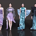 Four Women Fashion Models Walking Runway Show In Creative Designer Outfits