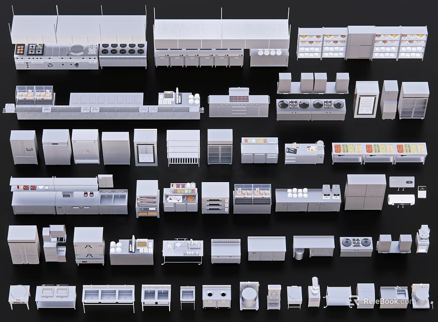 Commercial Kitchen Setup With Various Cooking Equipment Workstations And Storage Cabinets 3d model