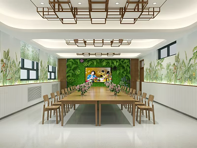 School Dining Hall Interior With Long Wooden Table Green Plant Wall And Chandeliers 3d model