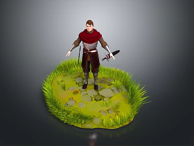 Woman in Red Cape Standing on Green Island With Grass Stones Sword and Dagger 3d model