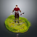 Woman in Red Cape Standing on Green Island With Grass Stones Sword and Dagger